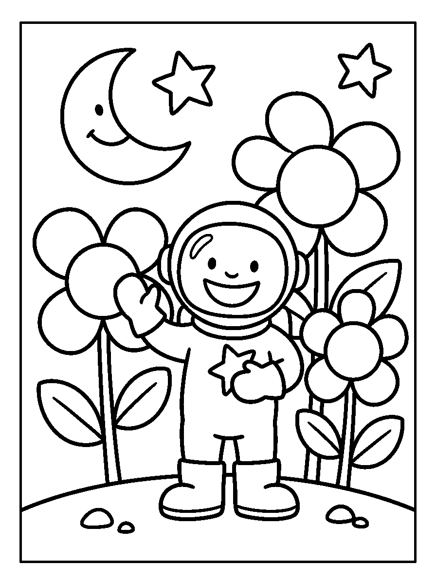 kleurplaat astronaut — tussen de bloemen