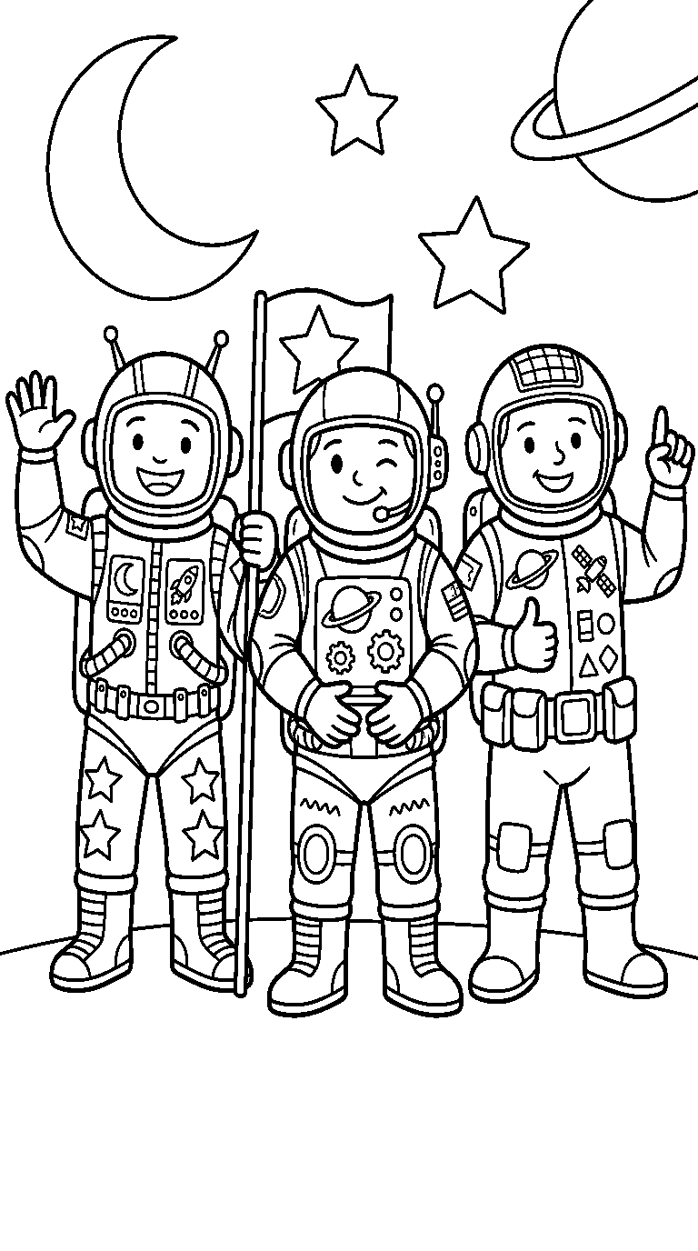 kleurplaat astronaut — met z'n drieën