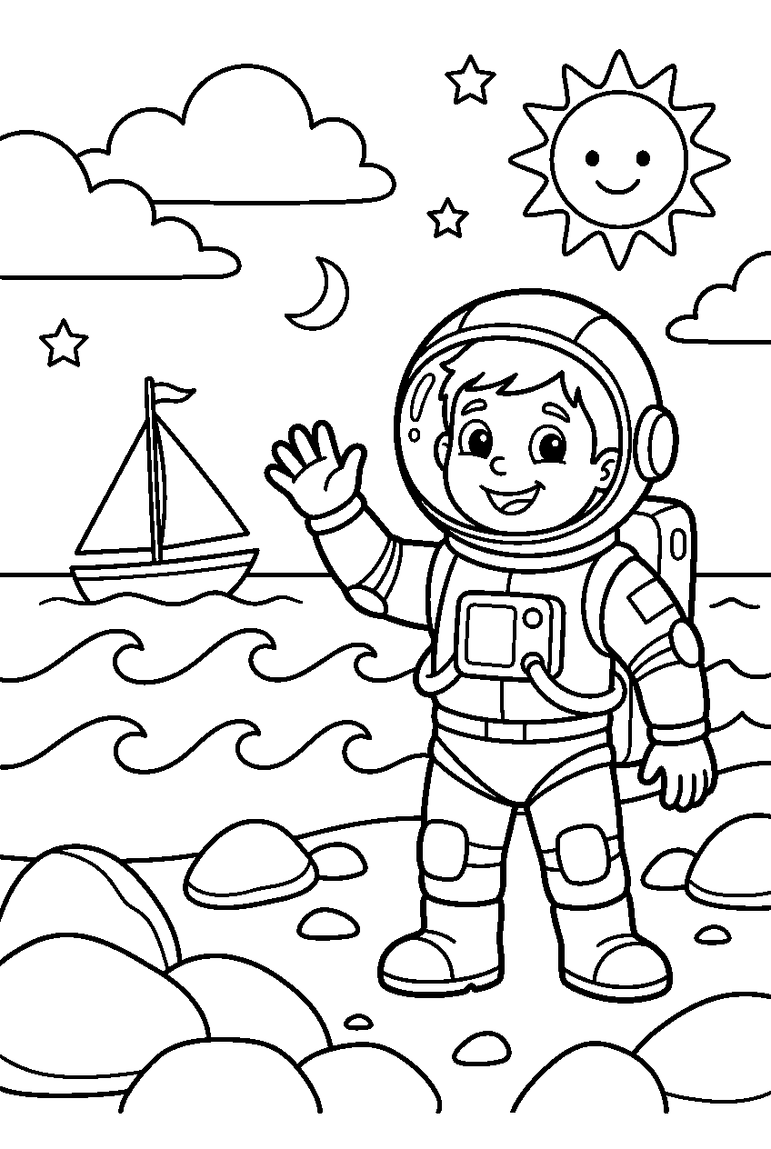 kleurplaat astronaut — aan het water