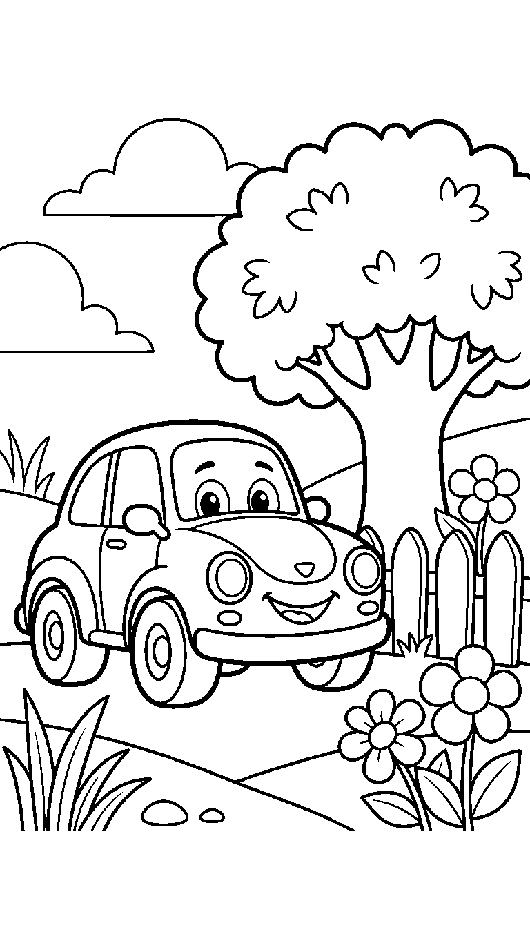 kleurplaat auto — bij de boom