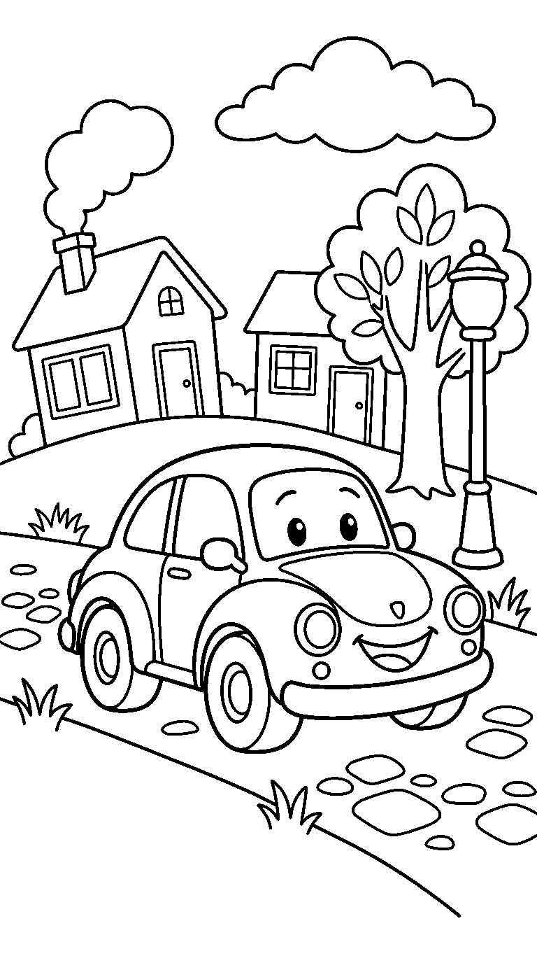 kleurplaat auto — in het dorp