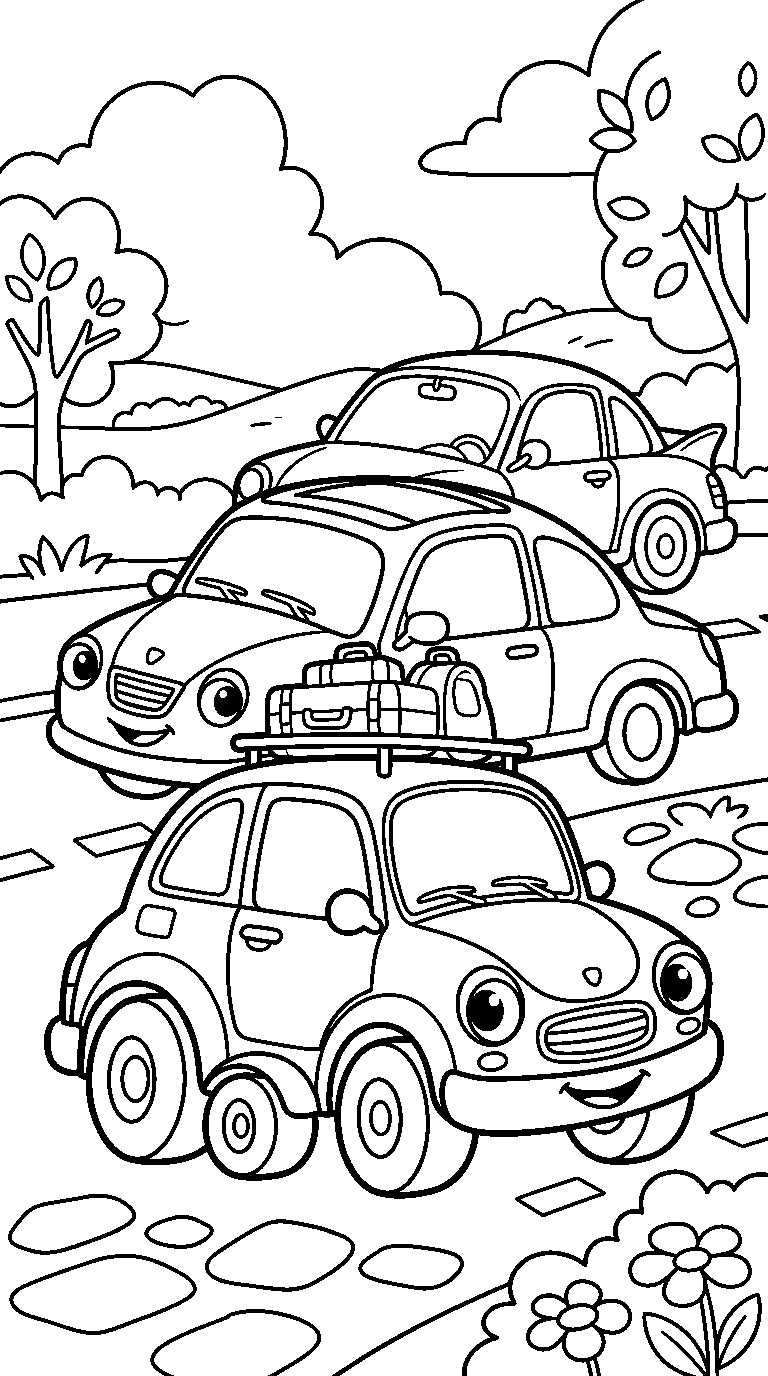 kleurplaat auto — met z'n drieën