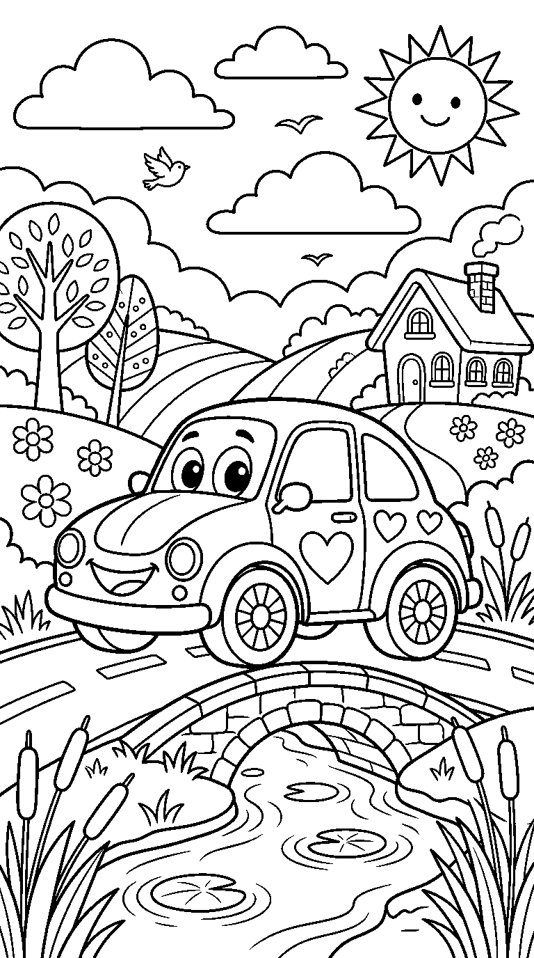 kleurplaat auto — in het landschap