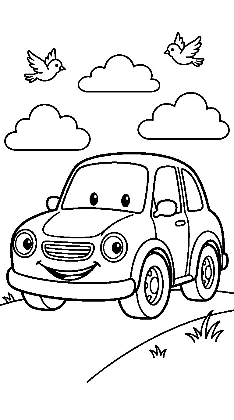 kleurplaat auto — onder de wolken