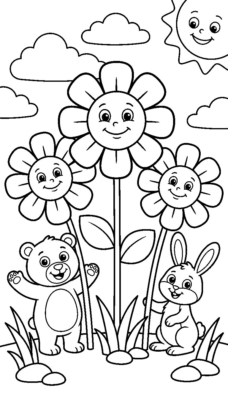 kleurplaat bloemen — met twee diertjes