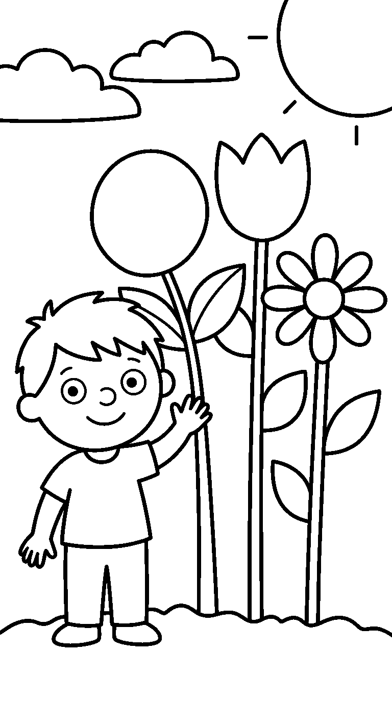 kleurplaat bloemen — met een kind erbij