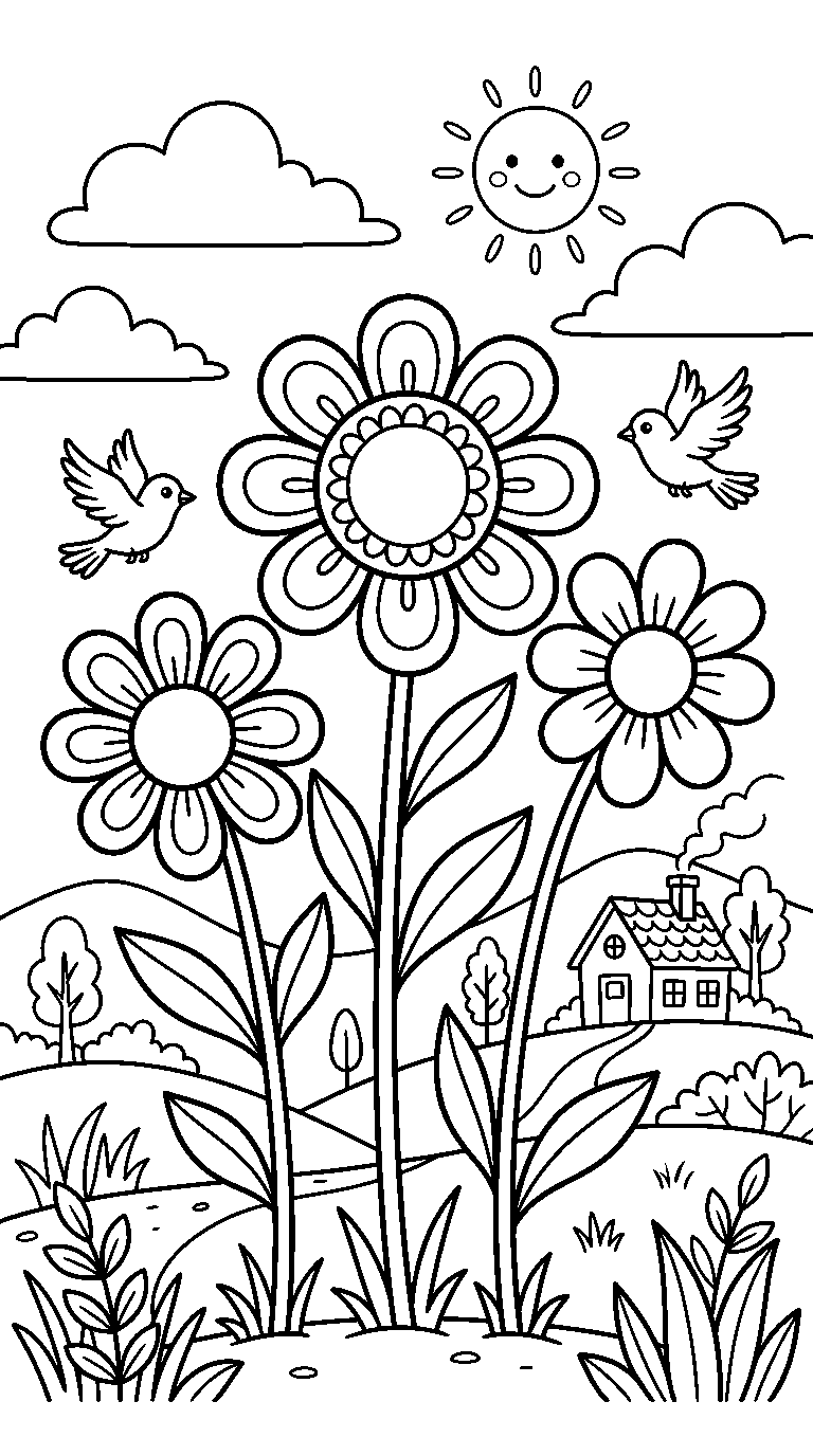 kleurplaat bloemen — in het landschap