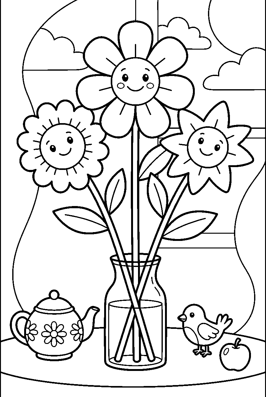 kleurplaat bloemen — op tafel