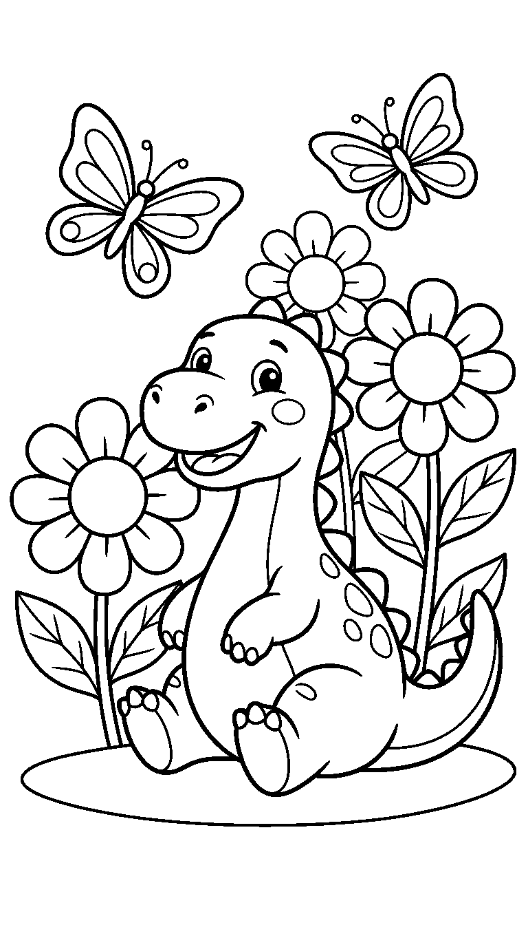 kleurplaat dinosaurus — tussen de bloemen