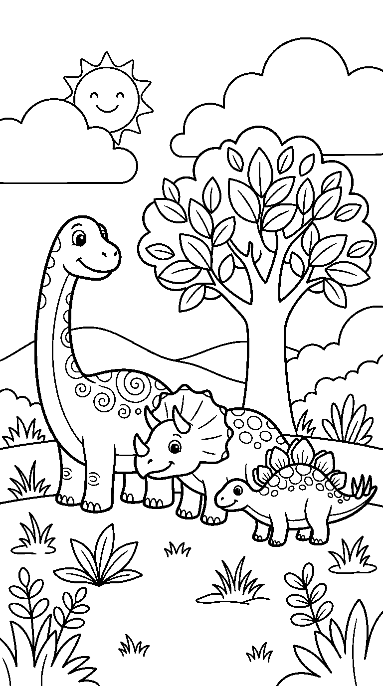 kleurplaat dinosaurus — met z'n drieën