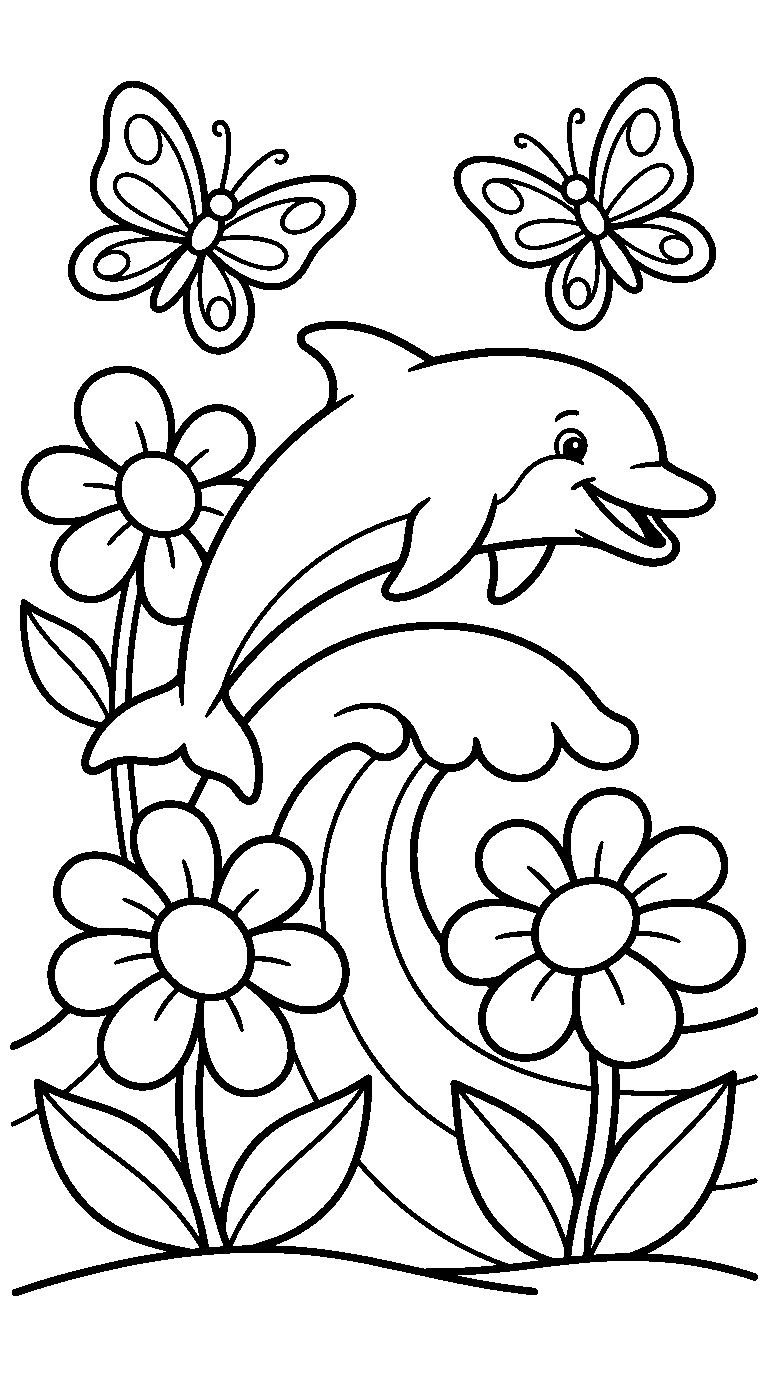 kleurplaat dolfijn — tussen de bloemen