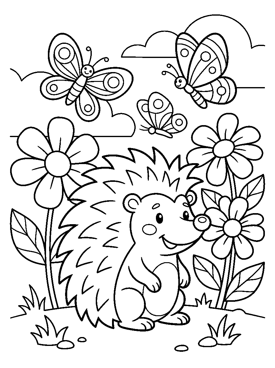 kleurplaat egel — tussen de bloemen