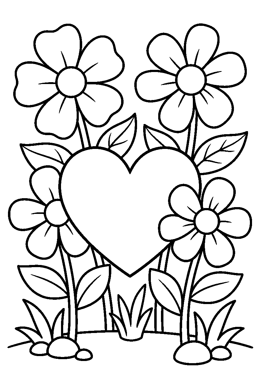 kleurplaat hart — tussen de bloemen