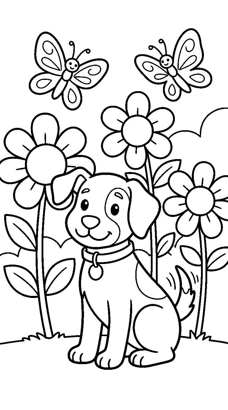 kleurplaat hond — tussen de bloemen