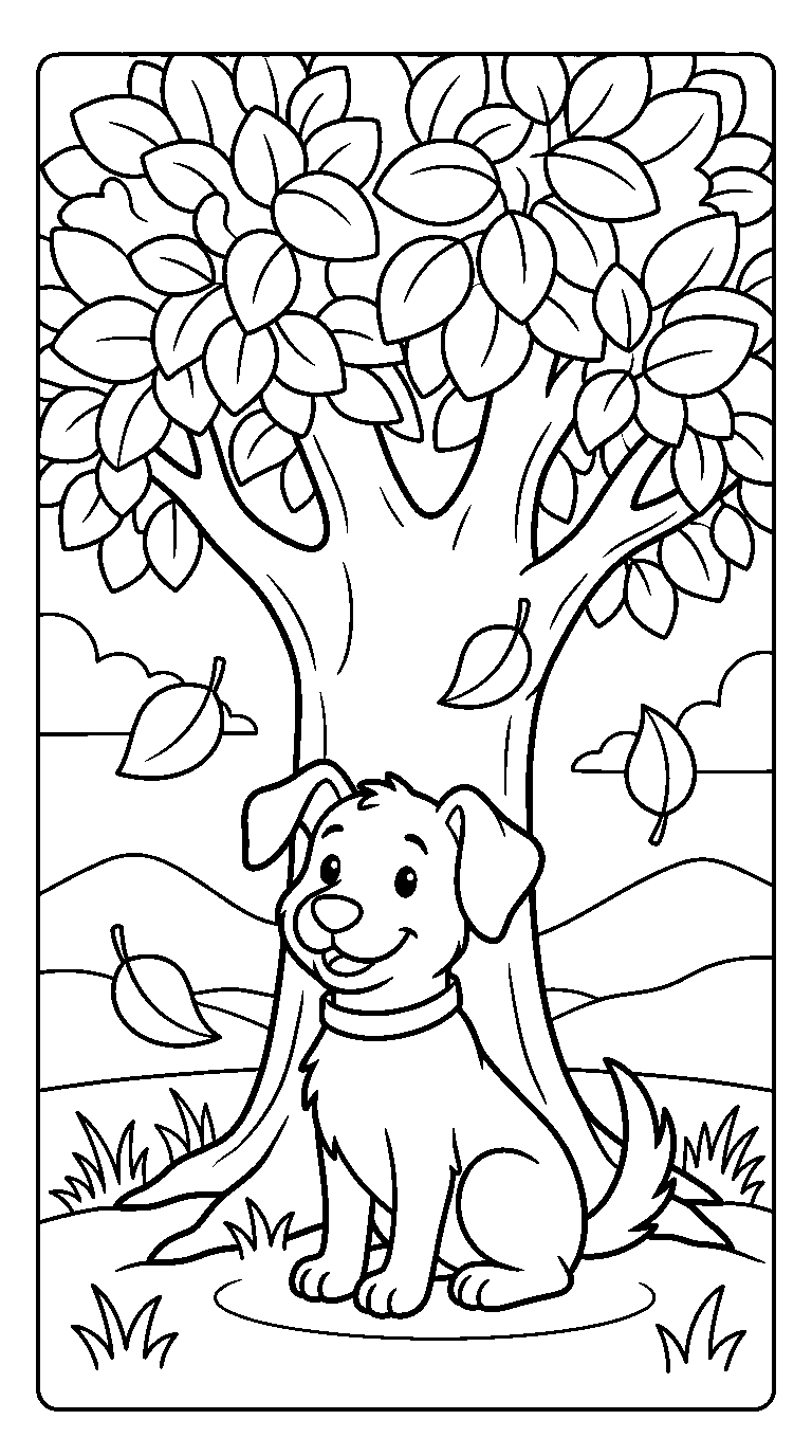 kleurplaat hond — onder de boom