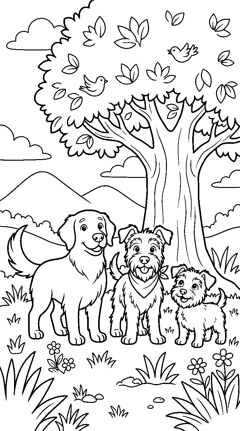 kleurplaat hond — met z'n drieën