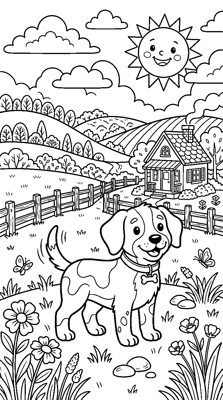 kleurplaat hond — in het landschap