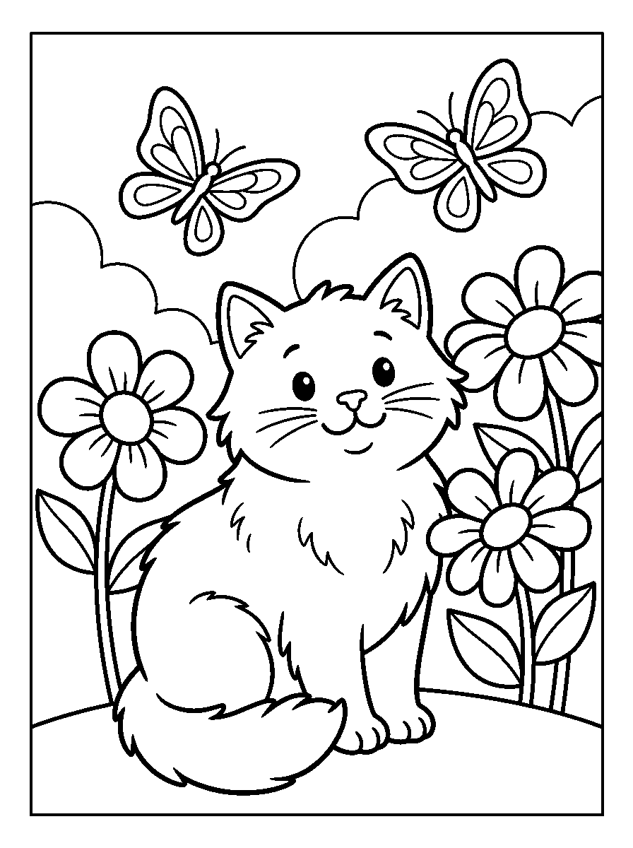 kleurplaat kat — tussen de bloemen