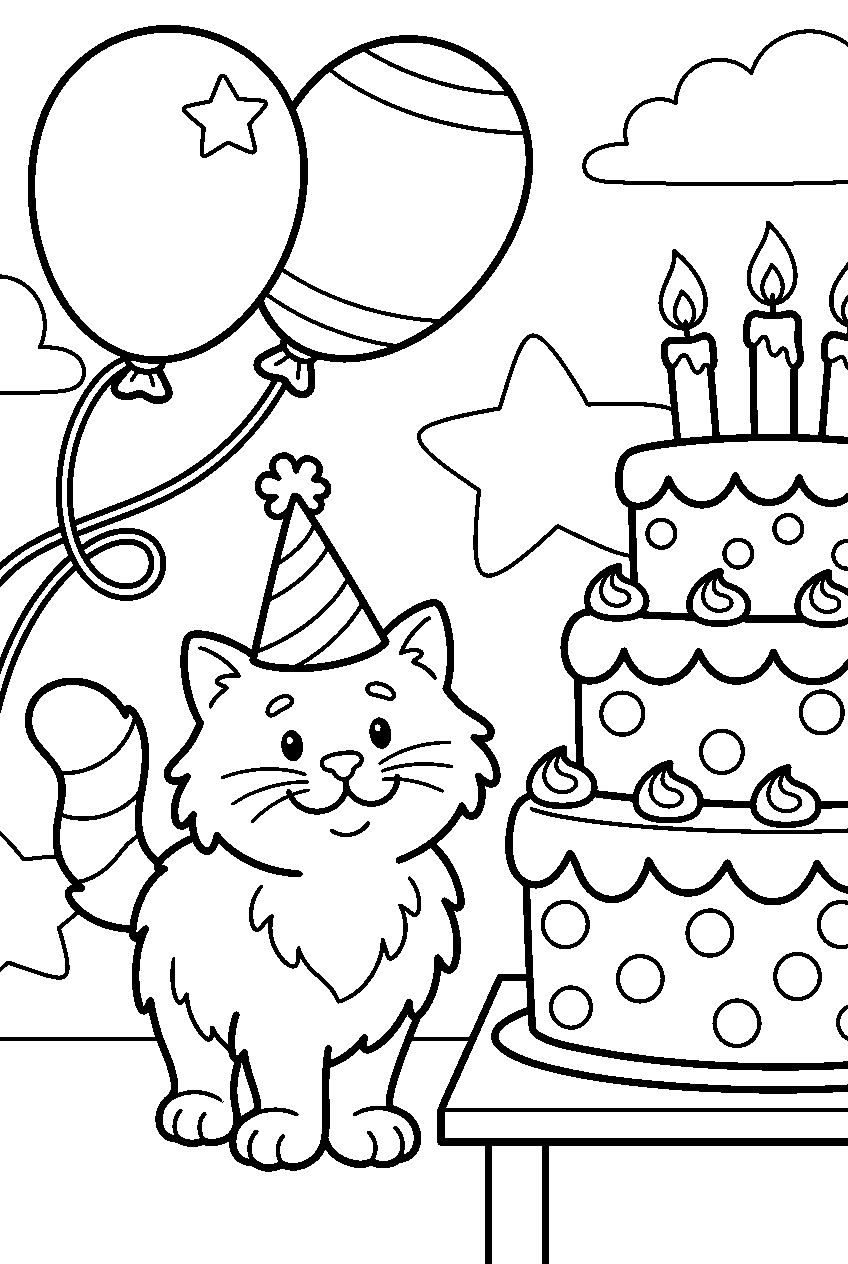 kleurplaat kat — met een feesthoedje
