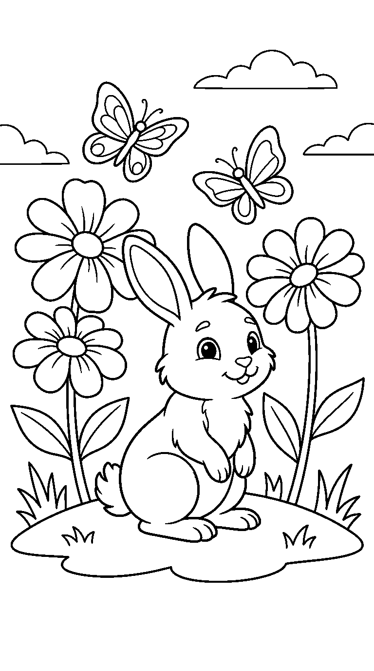 kleurplaat konijn — tussen de bloemen