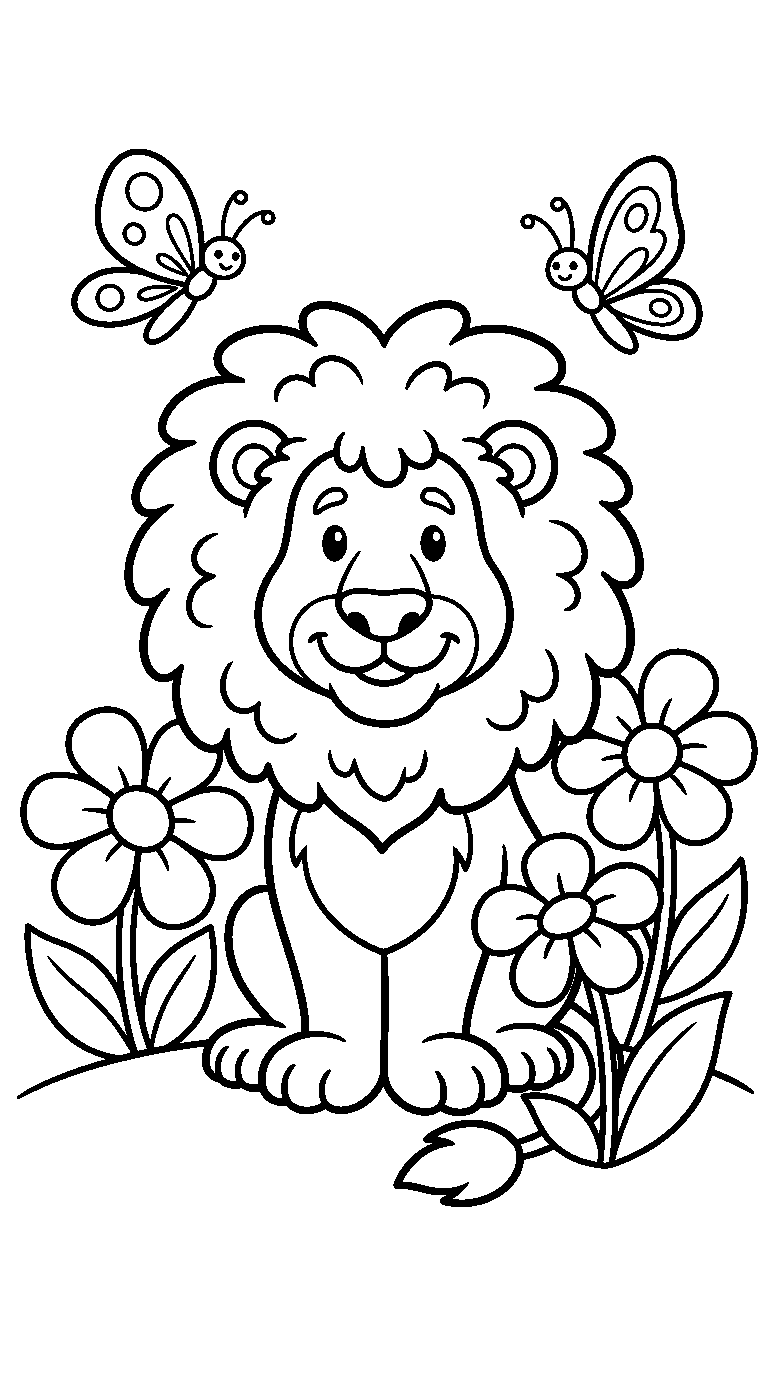 kleurplaat leeuw — tussen de bloemen