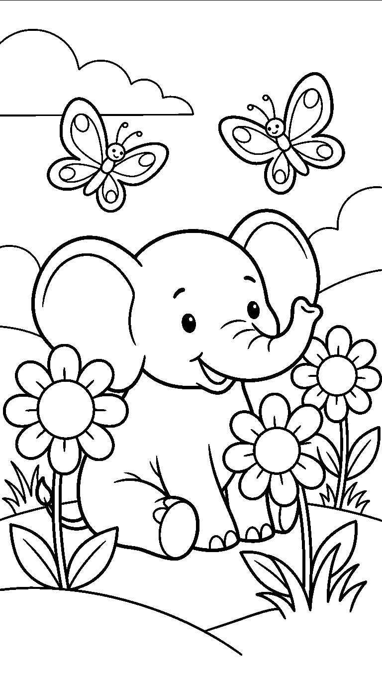 kleurplaat olifant — tussen de bloemen