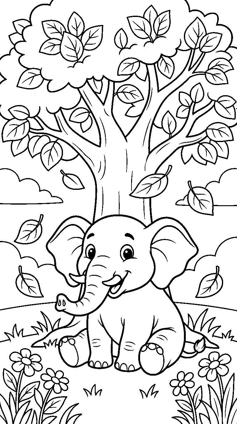 kleurplaat olifant — onder de boom