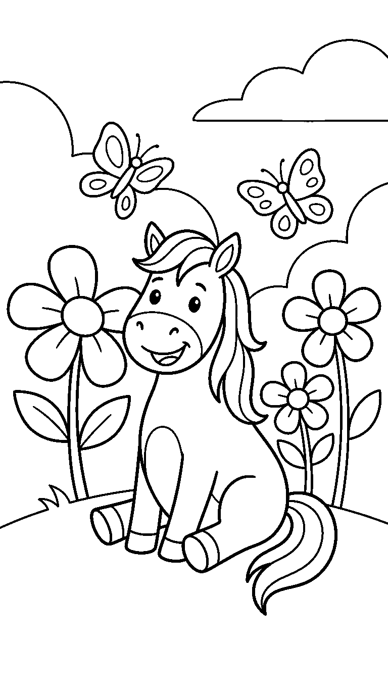 kleurplaat paard — tussen de bloemen