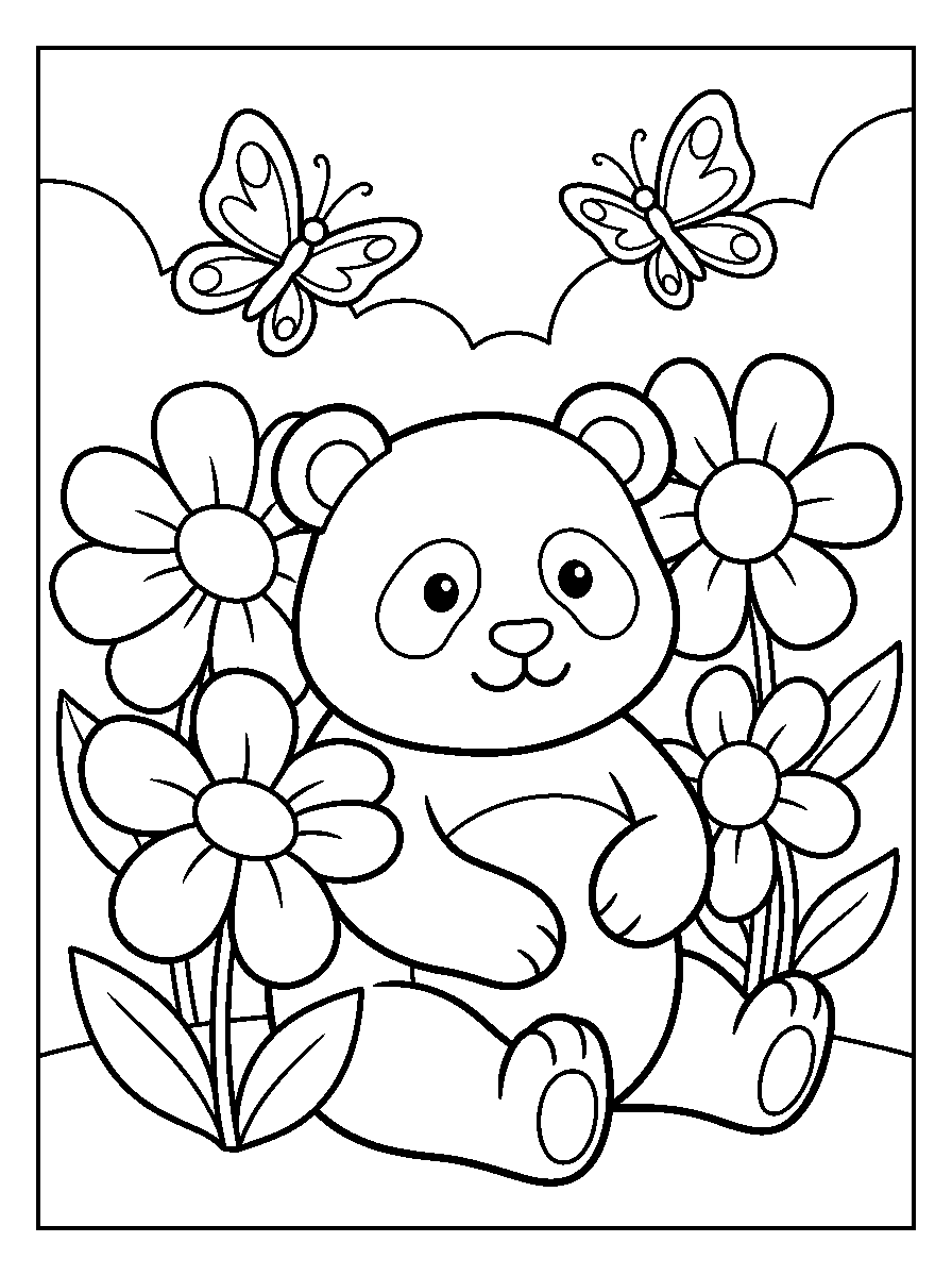 kleurplaat panda — tussen de bloemen