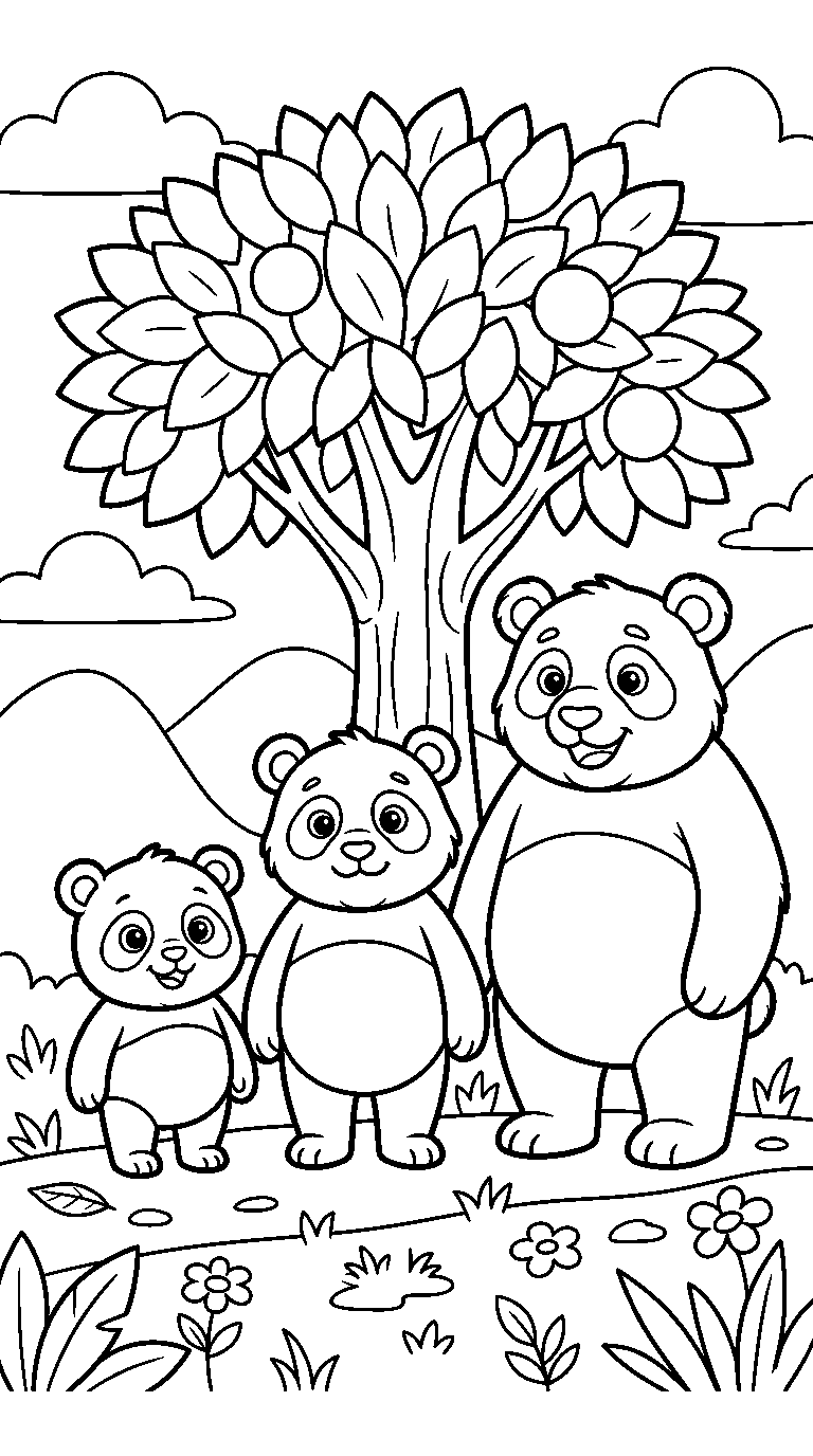 kleurplaat panda — met z'n drieën