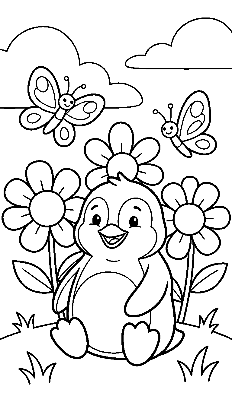 kleurplaat pinguïn — tussen de bloemen