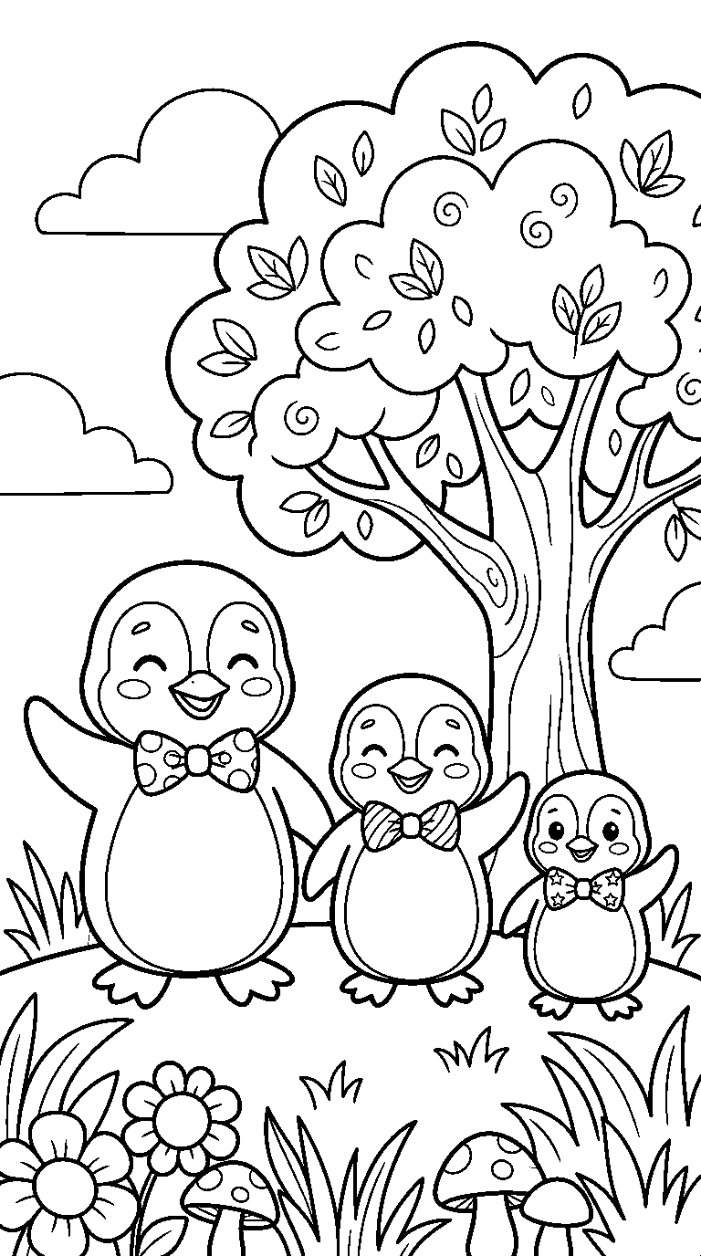 kleurplaat pinguïn — met z'n drieën