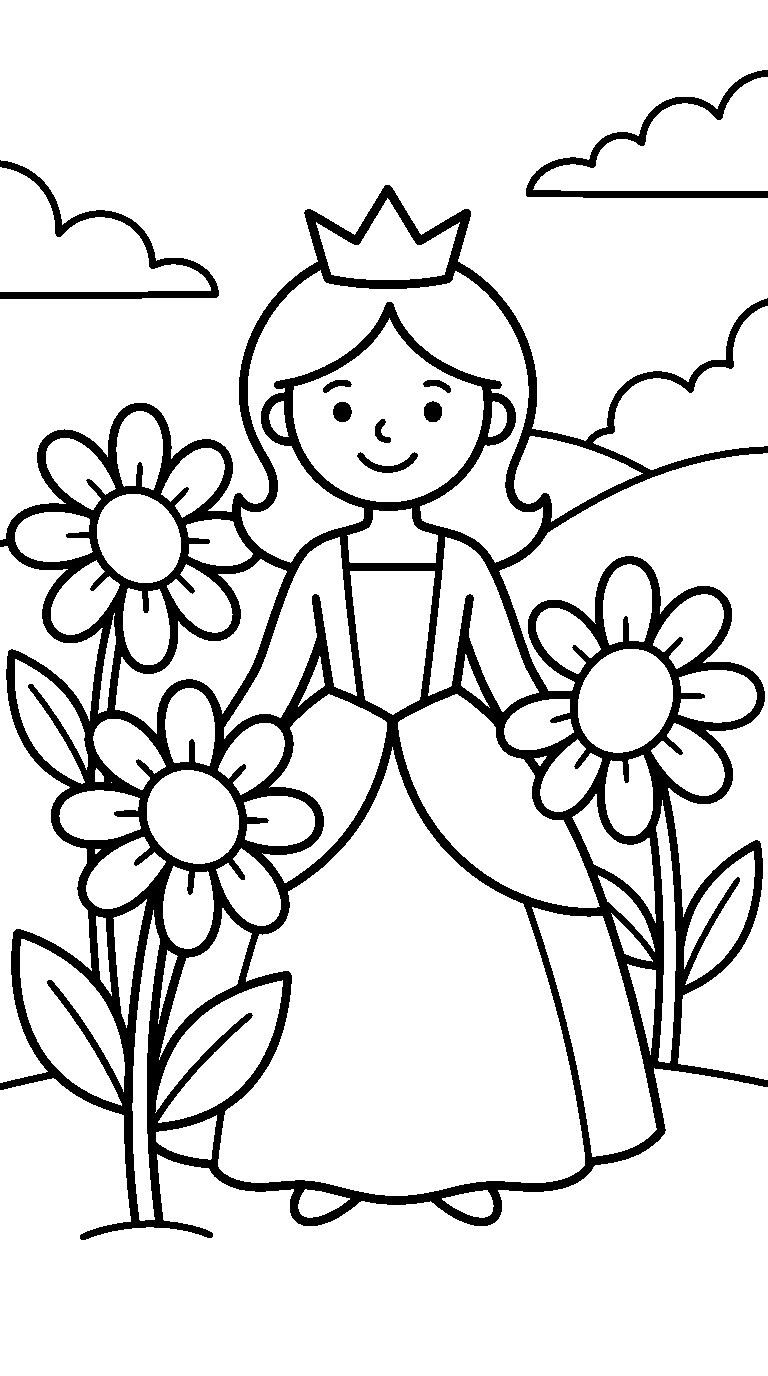 kleurplaat prinses — tussen de bloemen