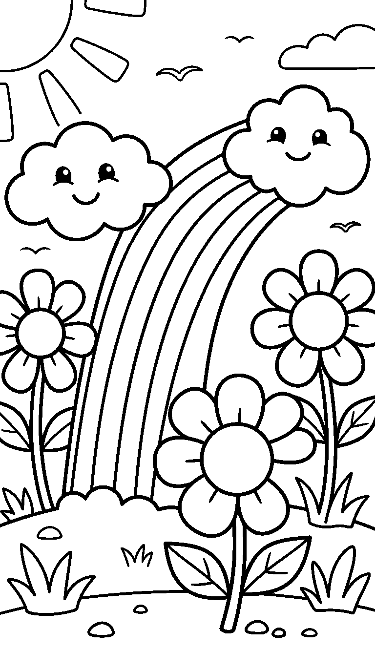 kleurplaat regenboog — tussen de bloemen