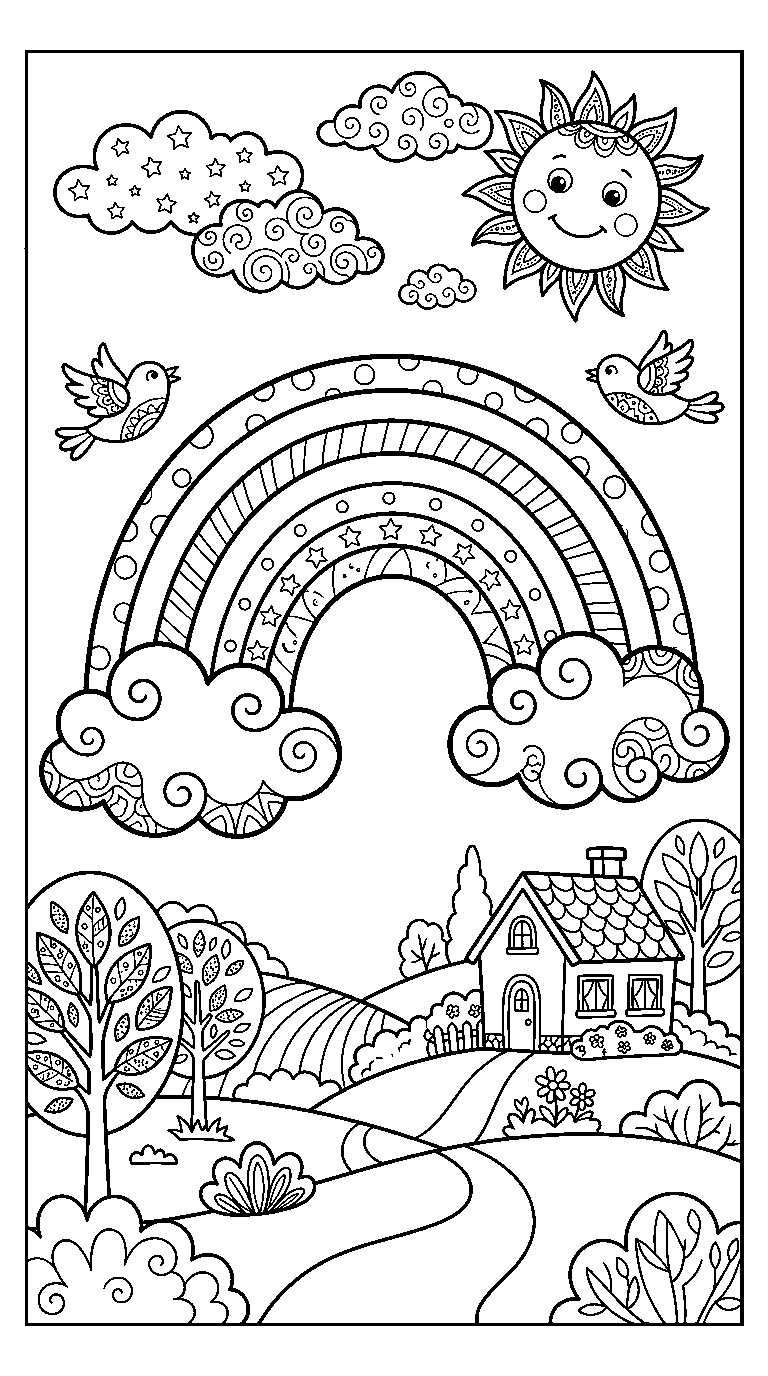 kleurplaat regenboog — in het landschap