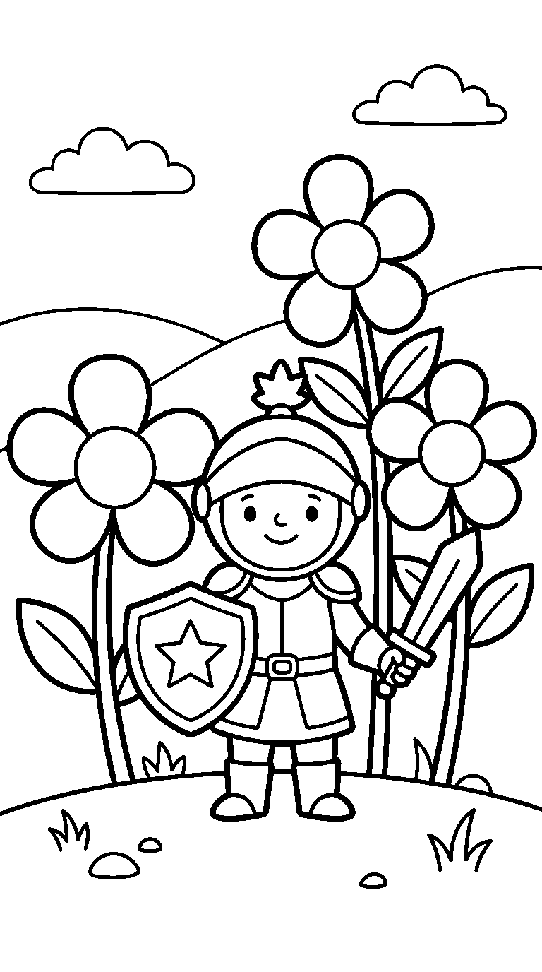 kleurplaat ridder — tussen de bloemen