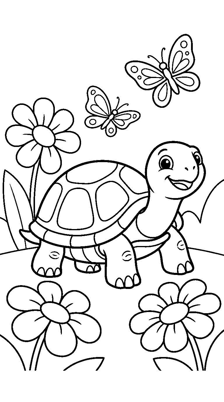 kleurplaat schildpad — tussen de bloemen