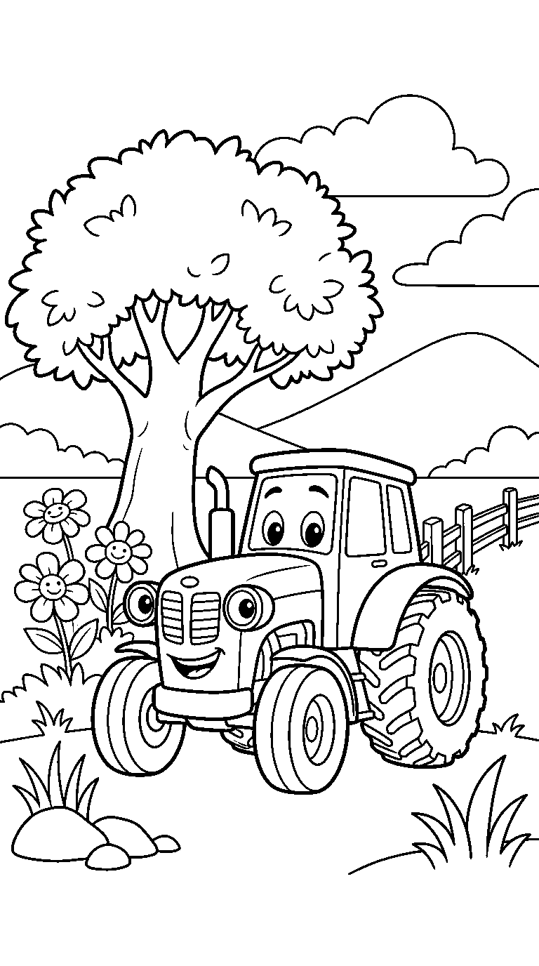 kleurplaat tractor — bij de boom