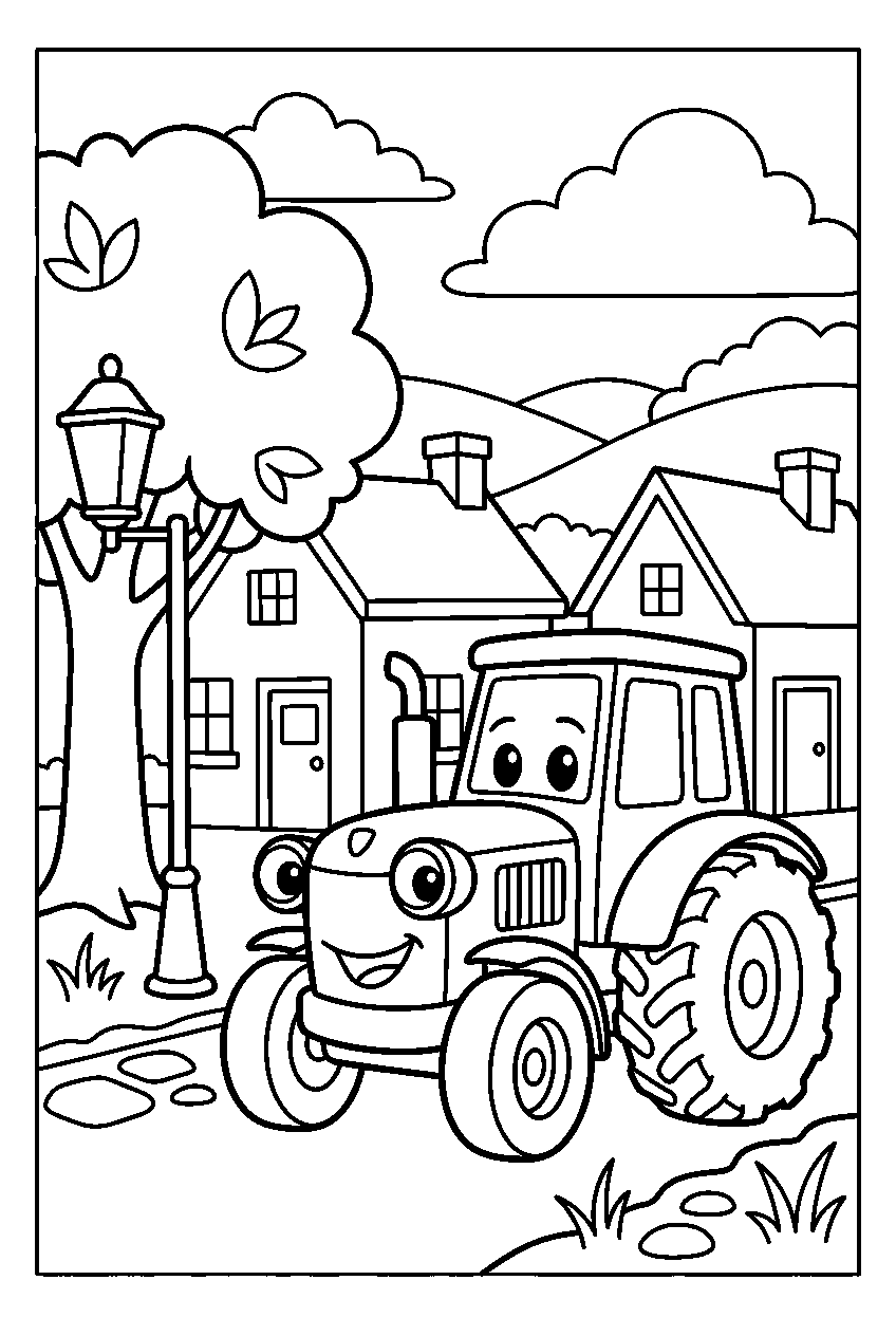 kleurplaat tractor — in het dorp