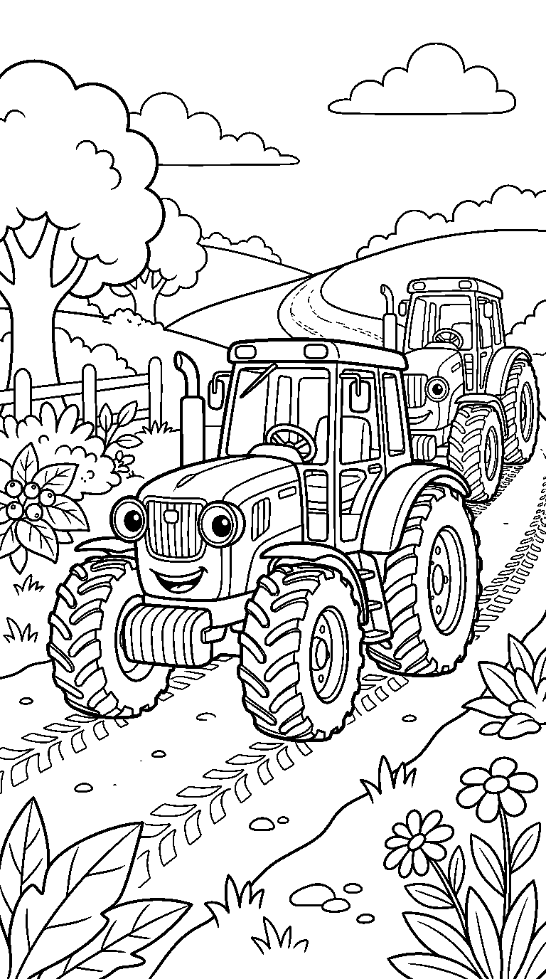 kleurplaat tractor — met z'n drieën