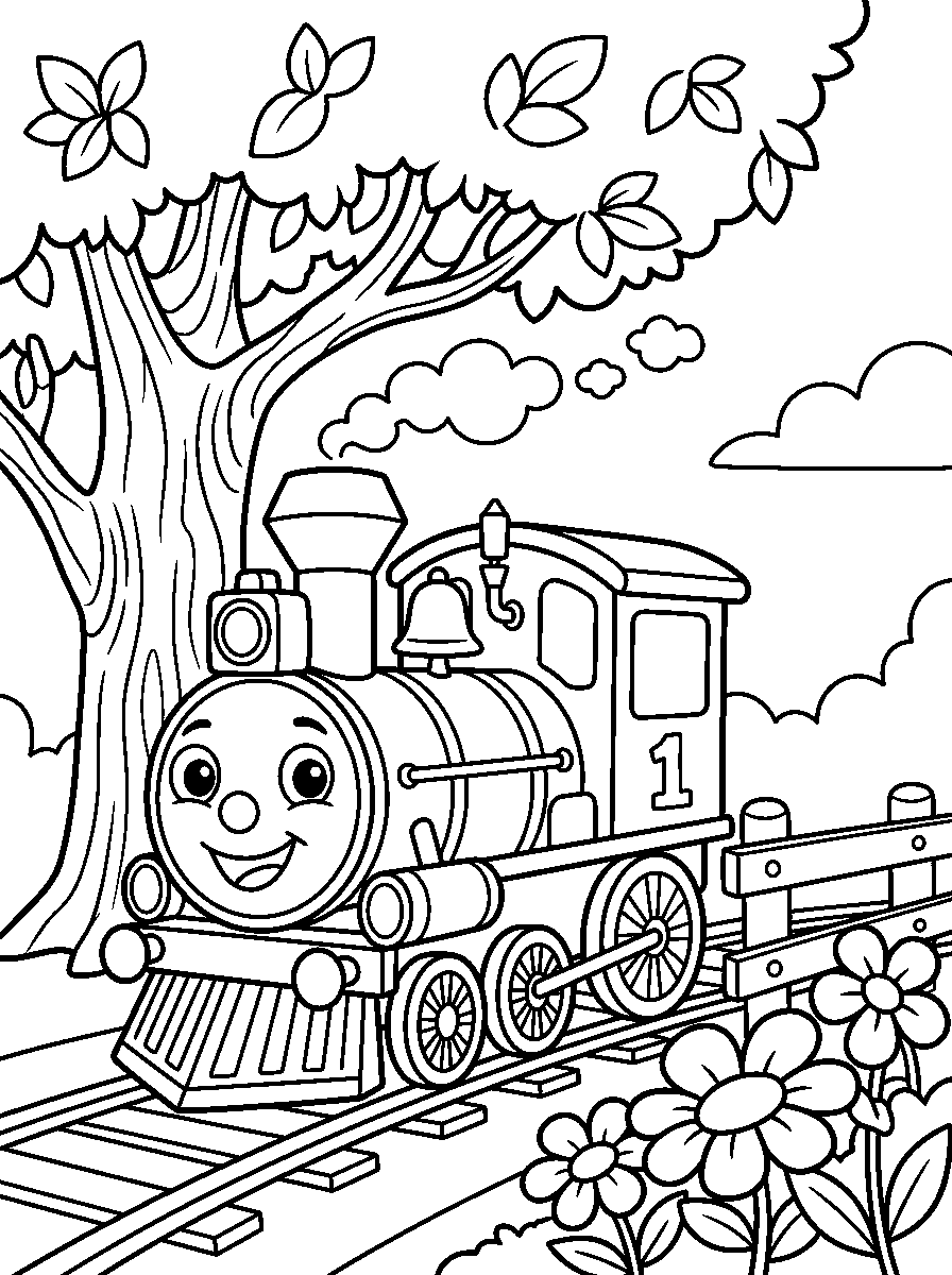 kleurplaat trein — bij de boom