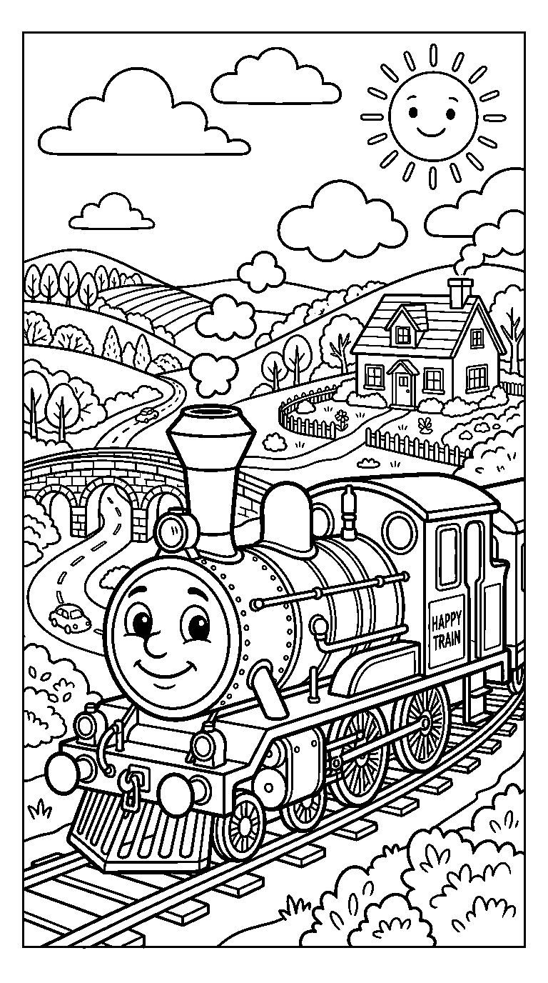 kleurplaat trein — in het landschap