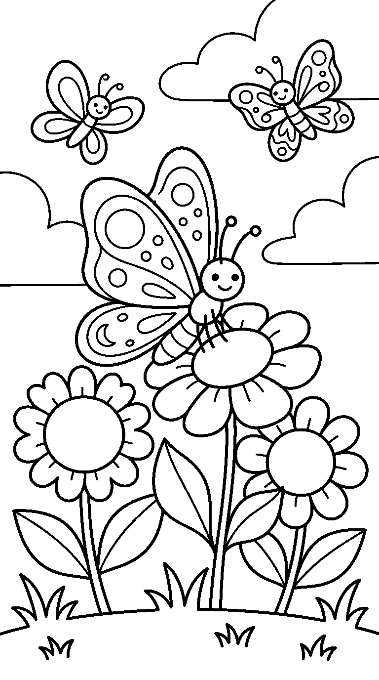 kleurplaat vlinder — tussen de bloemen