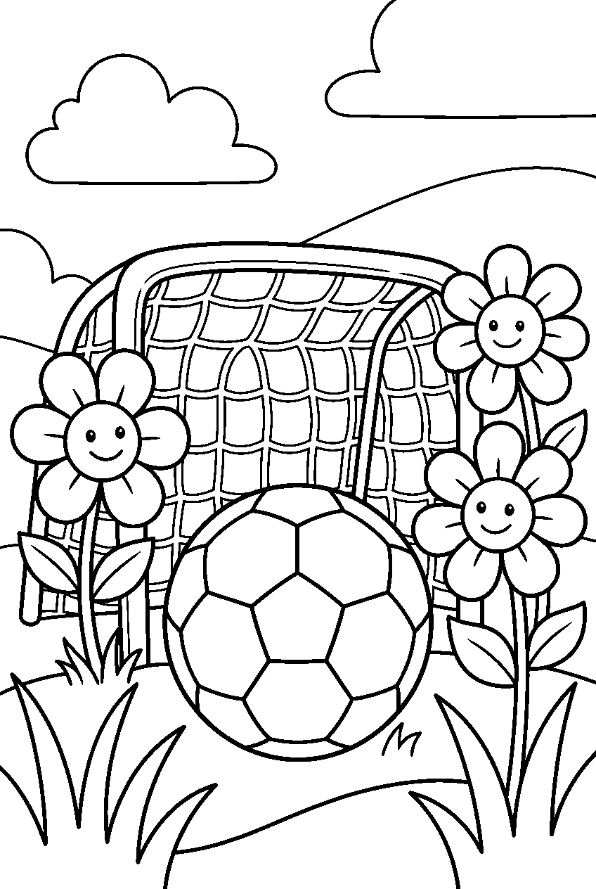 kleurplaat voetbal — tussen de bloemen