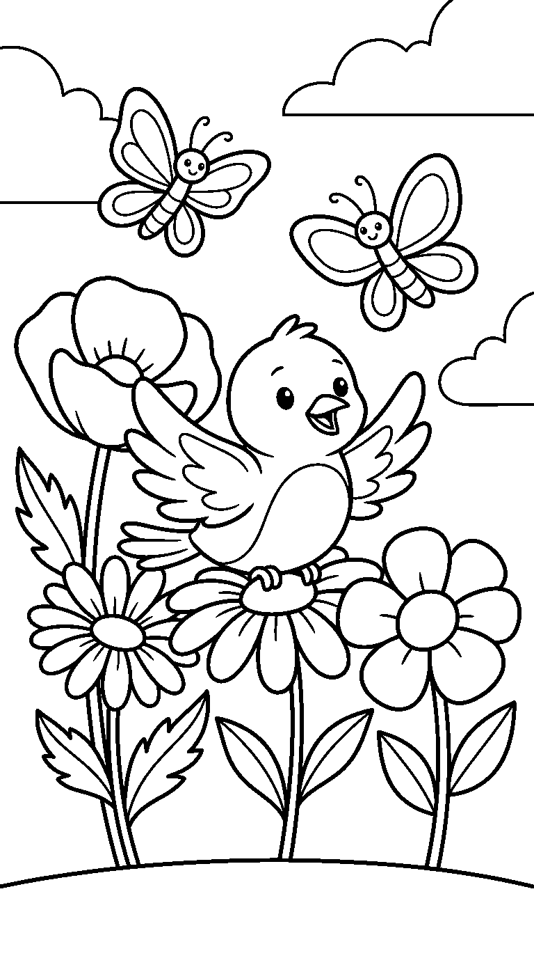 kleurplaat vogel — tussen de bloemen